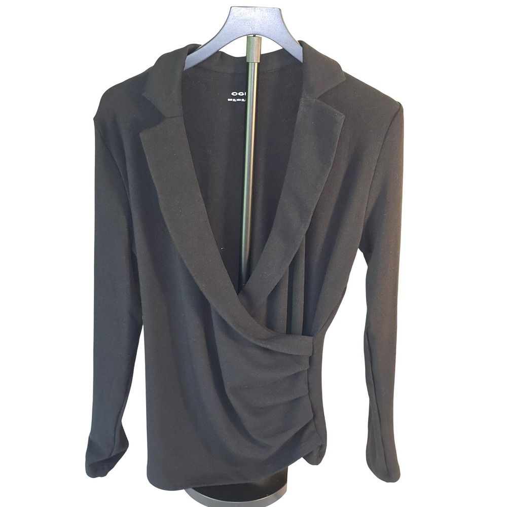 OGL Black Wrap Notched Lapel Ruched Top XL NWT Minimalist Chic